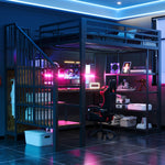 Iron Loft Bed 140x200cm with Desk, Pegboard & LED, Black