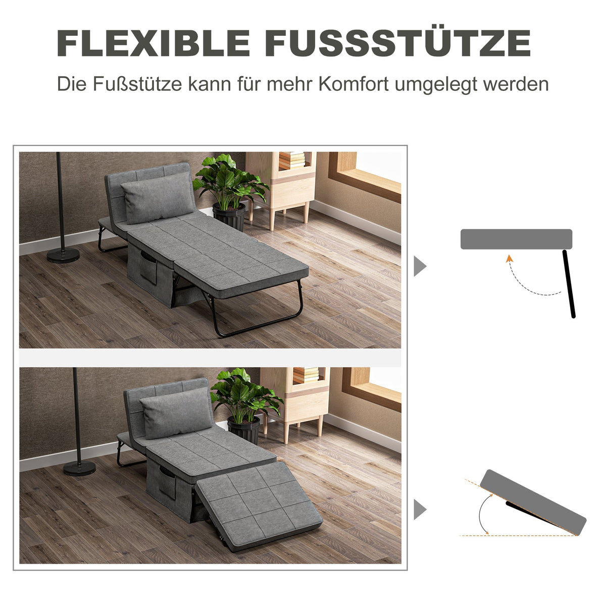 4-in-1 Folding Bed Guest Bed Armchair Ottoman, 5-Level Adjustable, Steel Frame