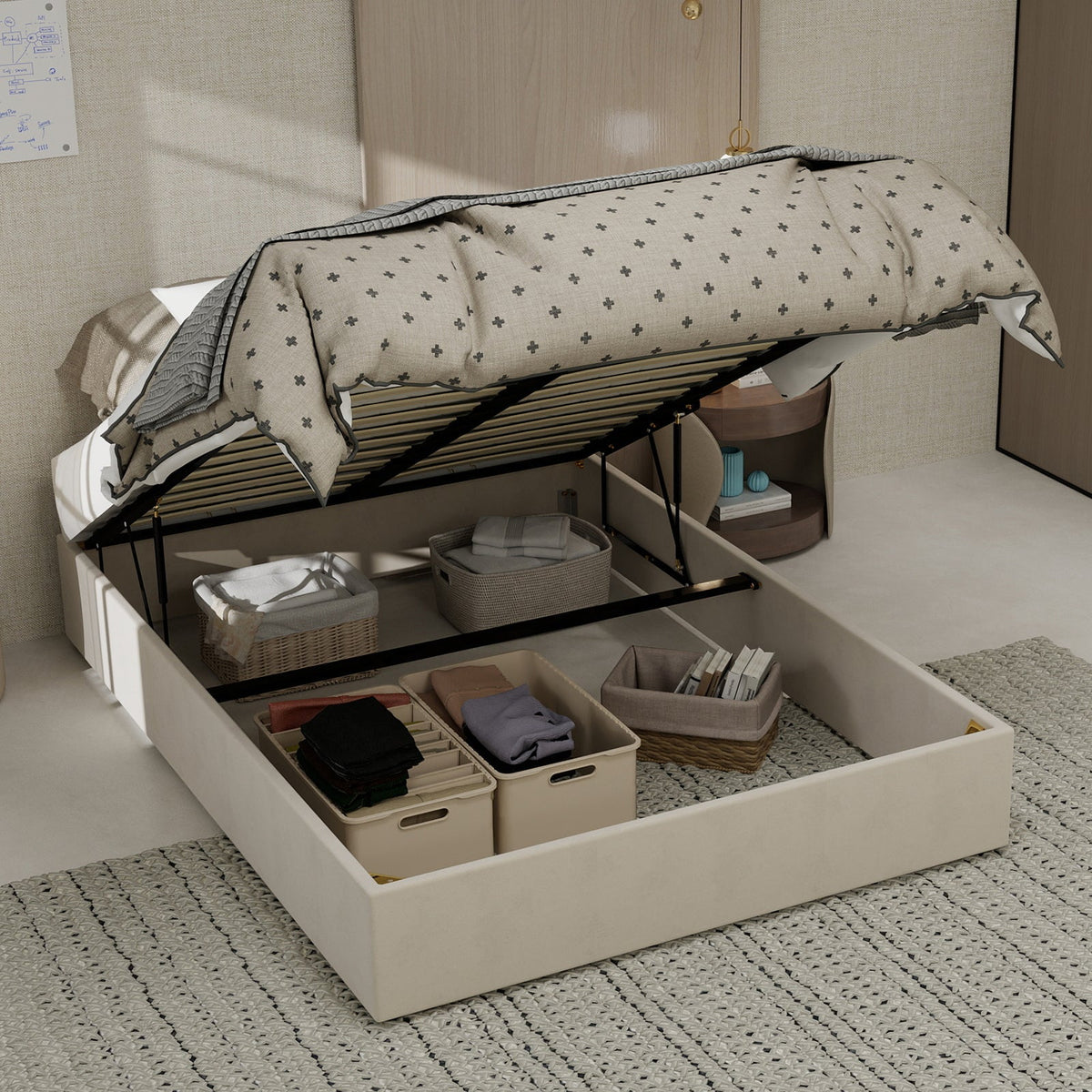 Modern Minimalist Bed Frame 140x200cm Gas Lift Pistons, Beige Dutch Velvet