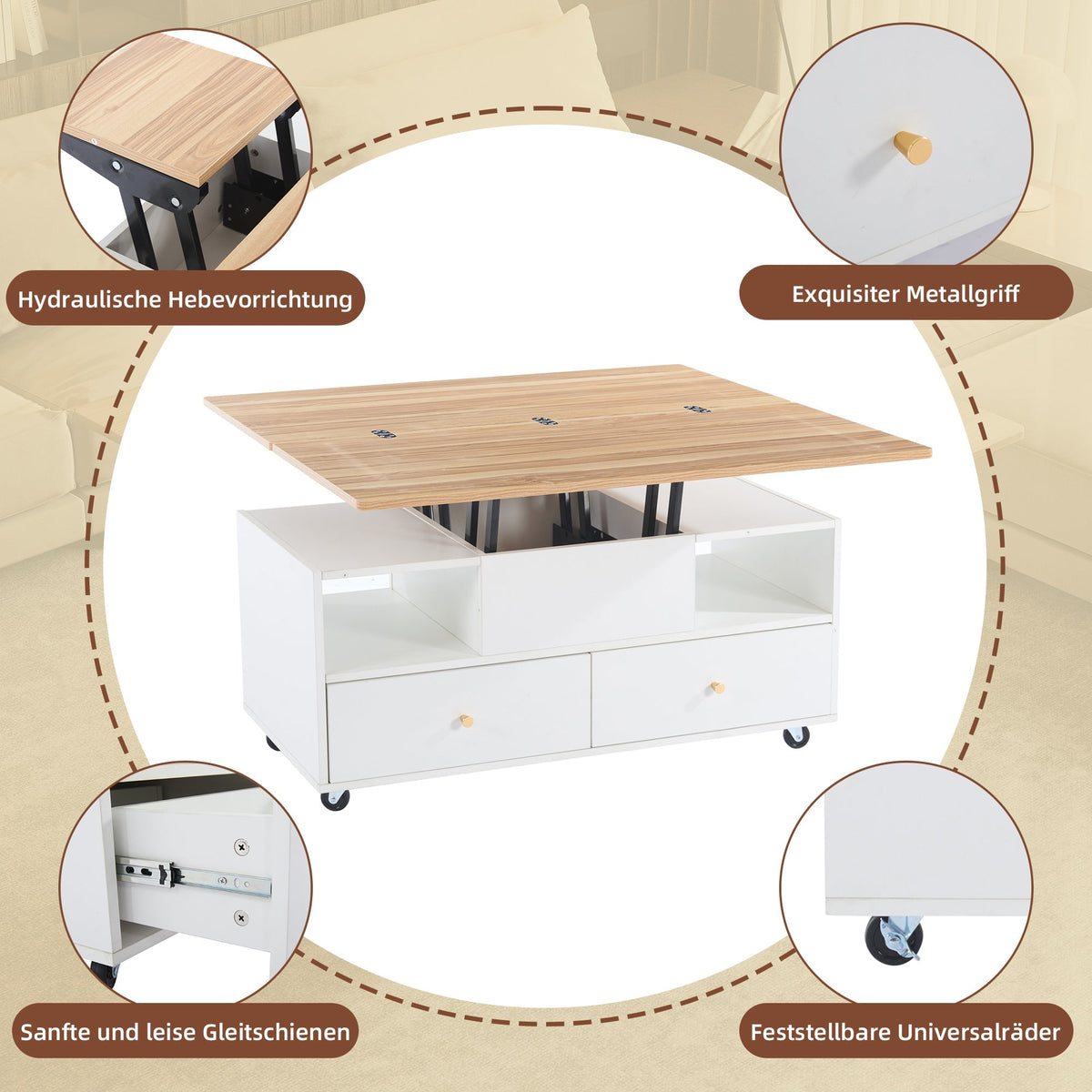 Coffee Table Adjustable Folding 4 Drawers Lift Table Movable Casters