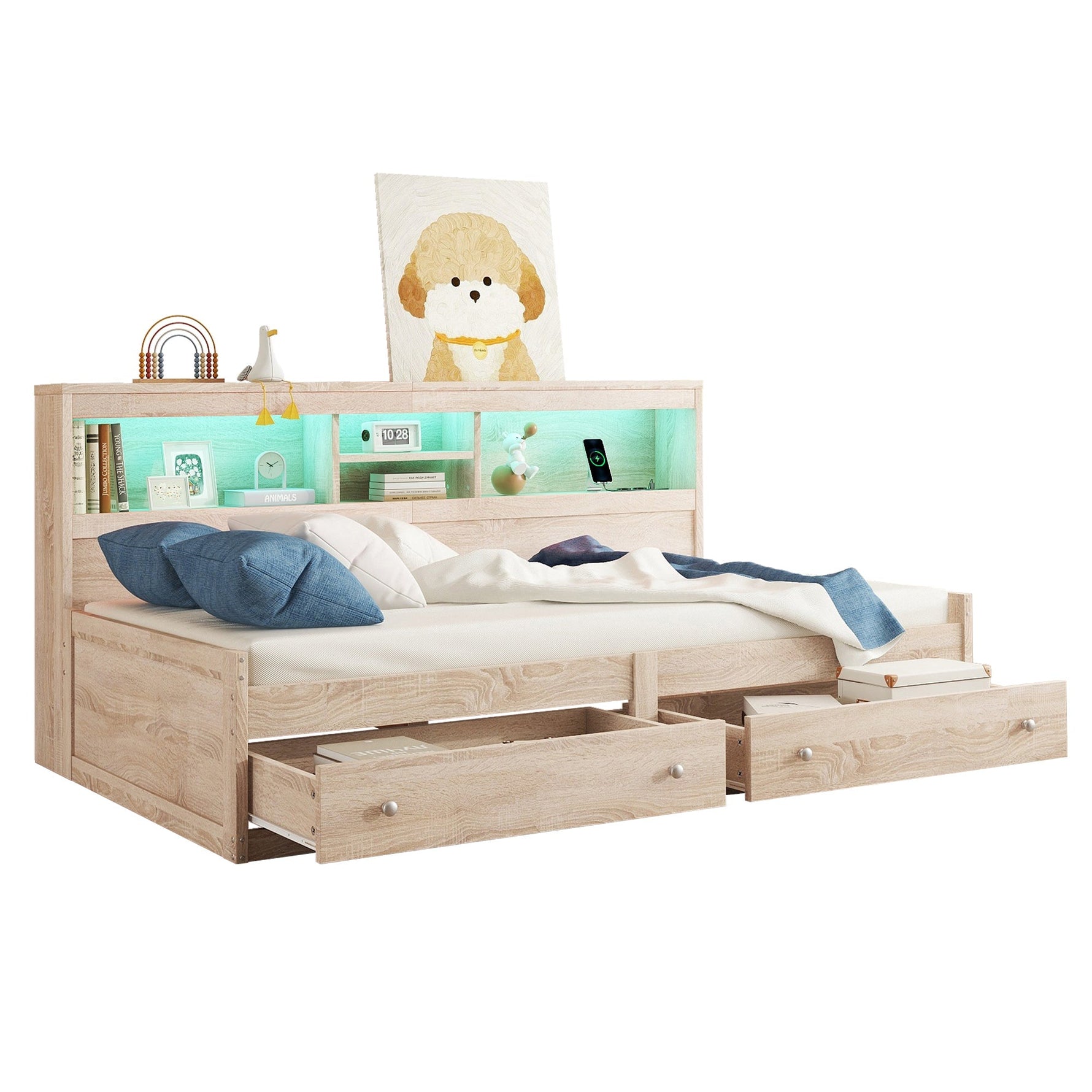 Daybed Sofa Bed 90x200cm Nightstand USB Charging Ambient Lighting 2 Drawers Chipboard Natural