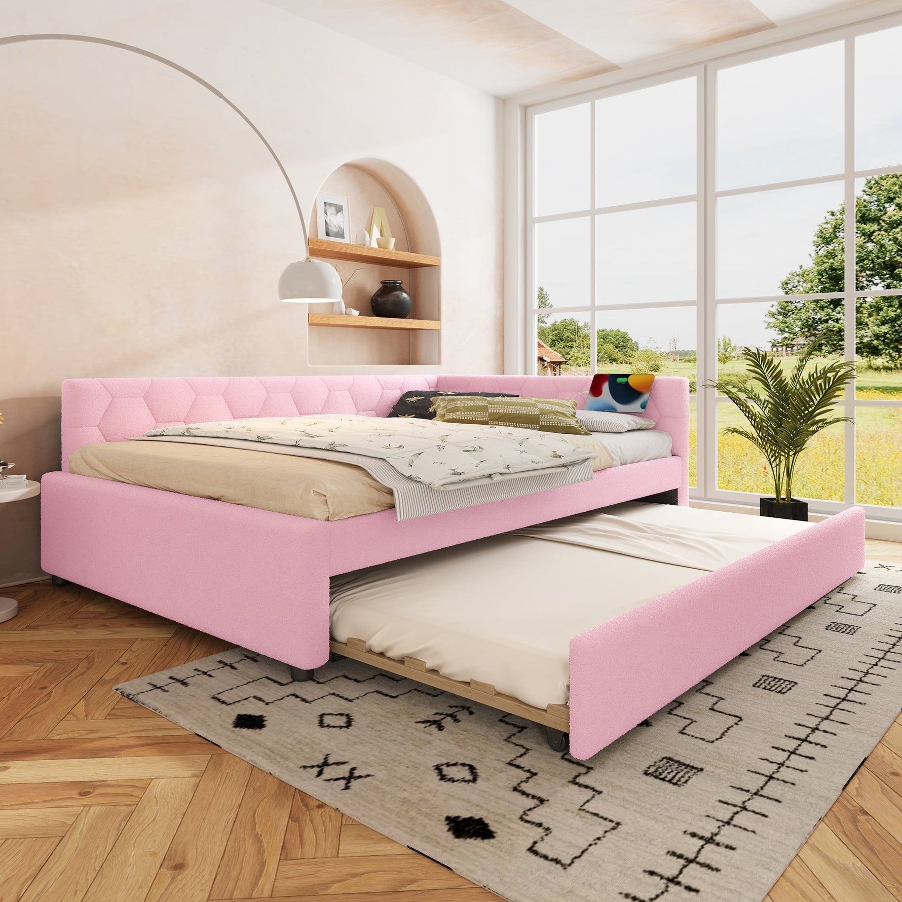 Daybed 140x200cm Sofa Bed Pull-Out Bed Lamp USB/Type-C - Faux Fleece Pink