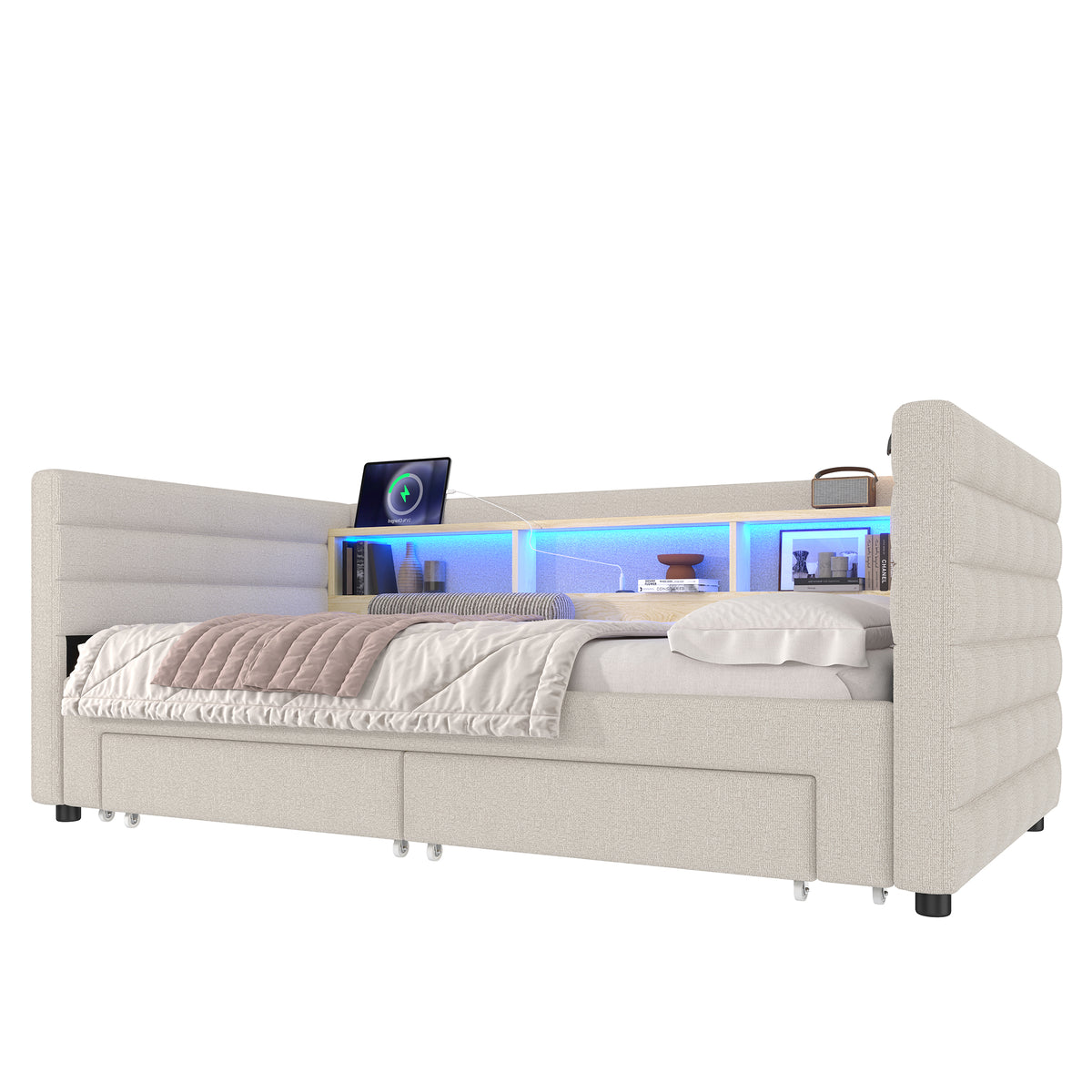 Daybed Sofa Bed 90x190cm Pull-Out Drawers USB LED, Beige Velvet
