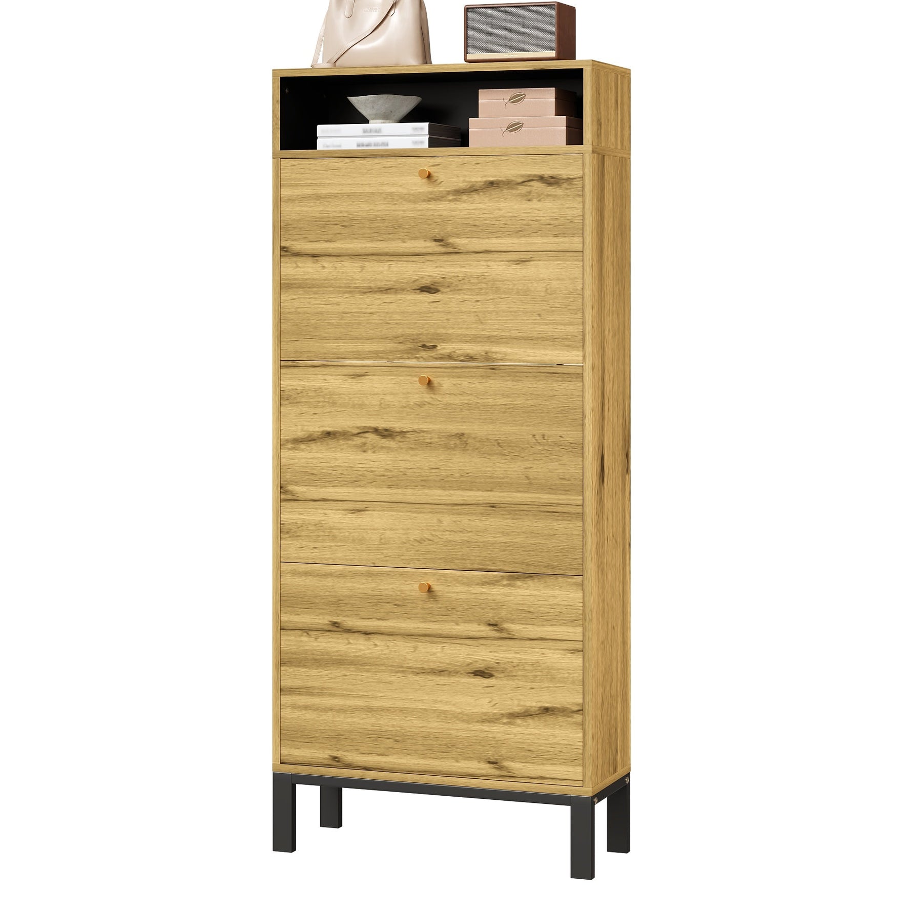 Shoe Cabinet with 3 Drawers and Additional Compartments, Tall and Narrow, Natural Wood Look