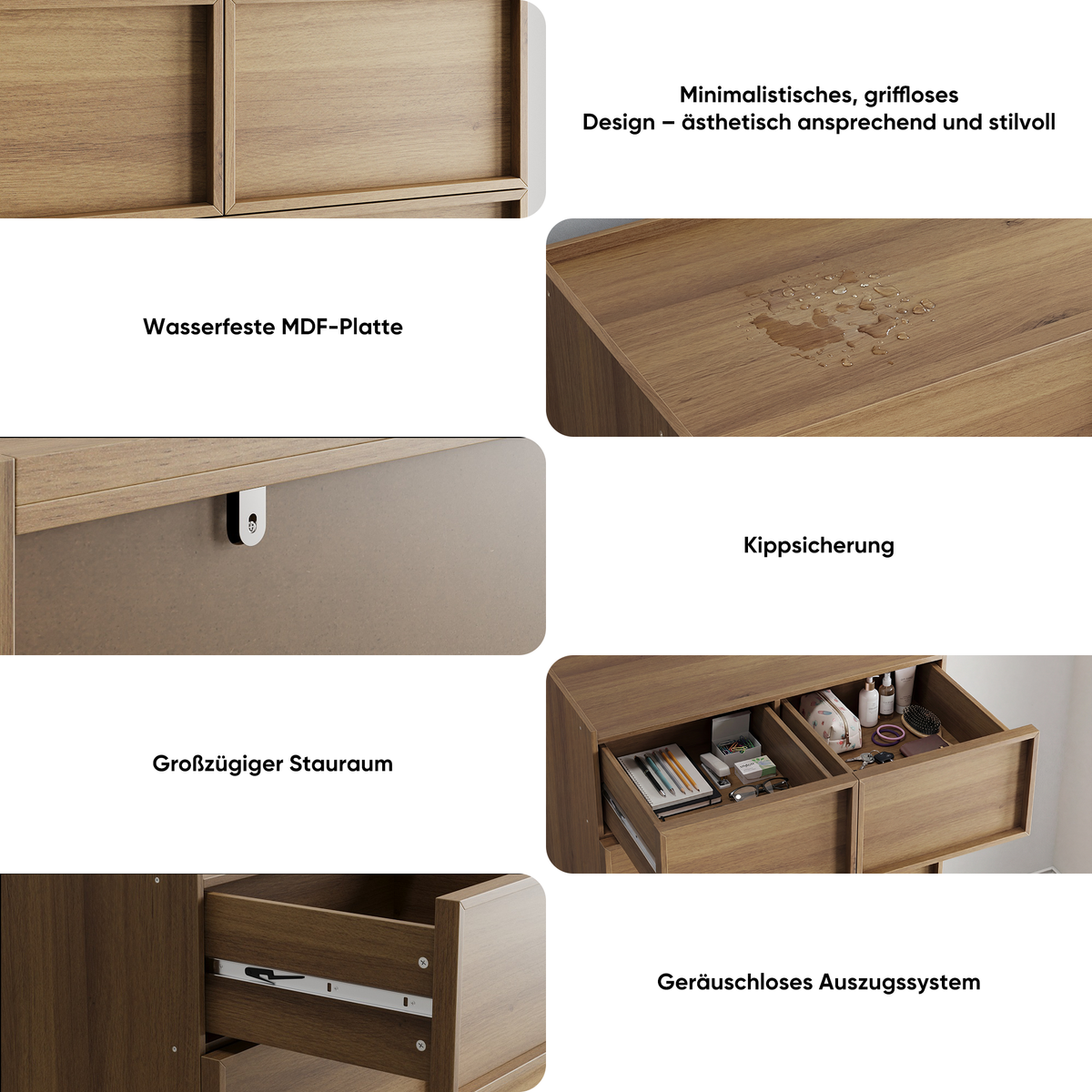 Chest of Drawers with 6 Drawers and Dressing Table, 80x48x127cm, Oak Color Wood
