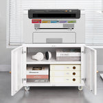 Metal Printer Stand Storage with Door, Shelf & Wheels - White