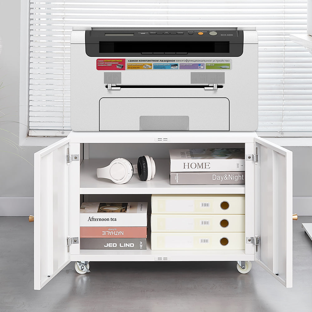Metal Printer Stand Storage with Door, Shelf & Wheels - White
