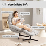 Reclining Armchair & Footstool Chenille Fabric - Cream White