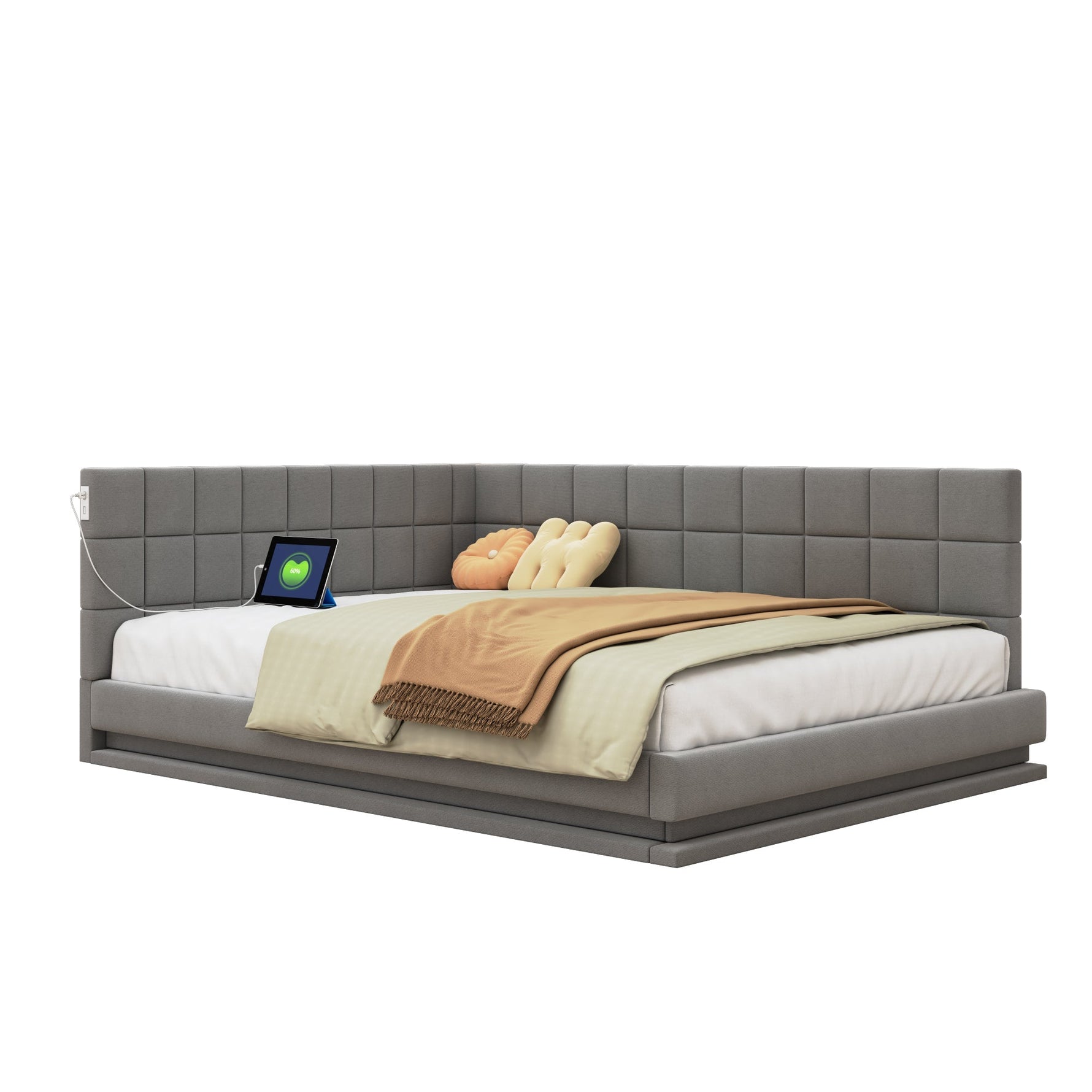 Upholstered Sofa Bed, 140x200 Multifunctional with LED & USB, Gray Velvet