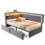 Upholstered Sofa Bed 90x200cm with LED & USB Headboard Storage Drawer Dark Grey Velvet