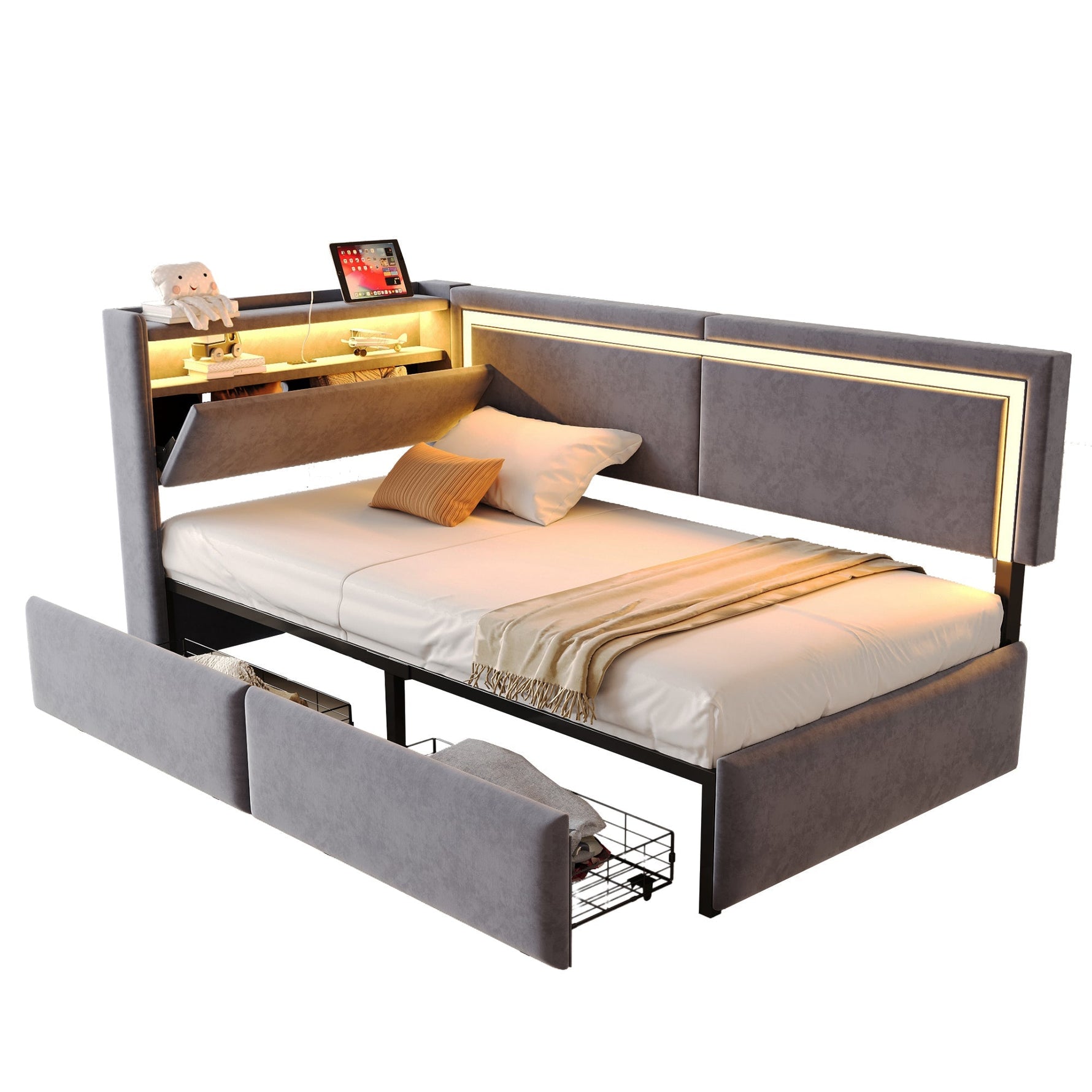 Upholstered Sofa Bed 90x200cm with LED & USB Headboard Storage Drawer Dark Grey Velvet