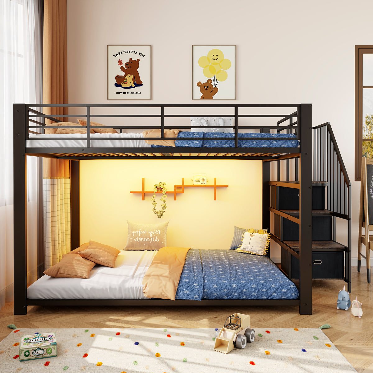 Metal Bunk Bed 140x200cm with Storage Stairs & LED Light, Black