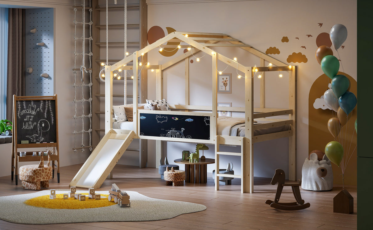 Children's Bed 90x200cm Attic Design Slide Graffiti Board Solid Wood/Wood Color