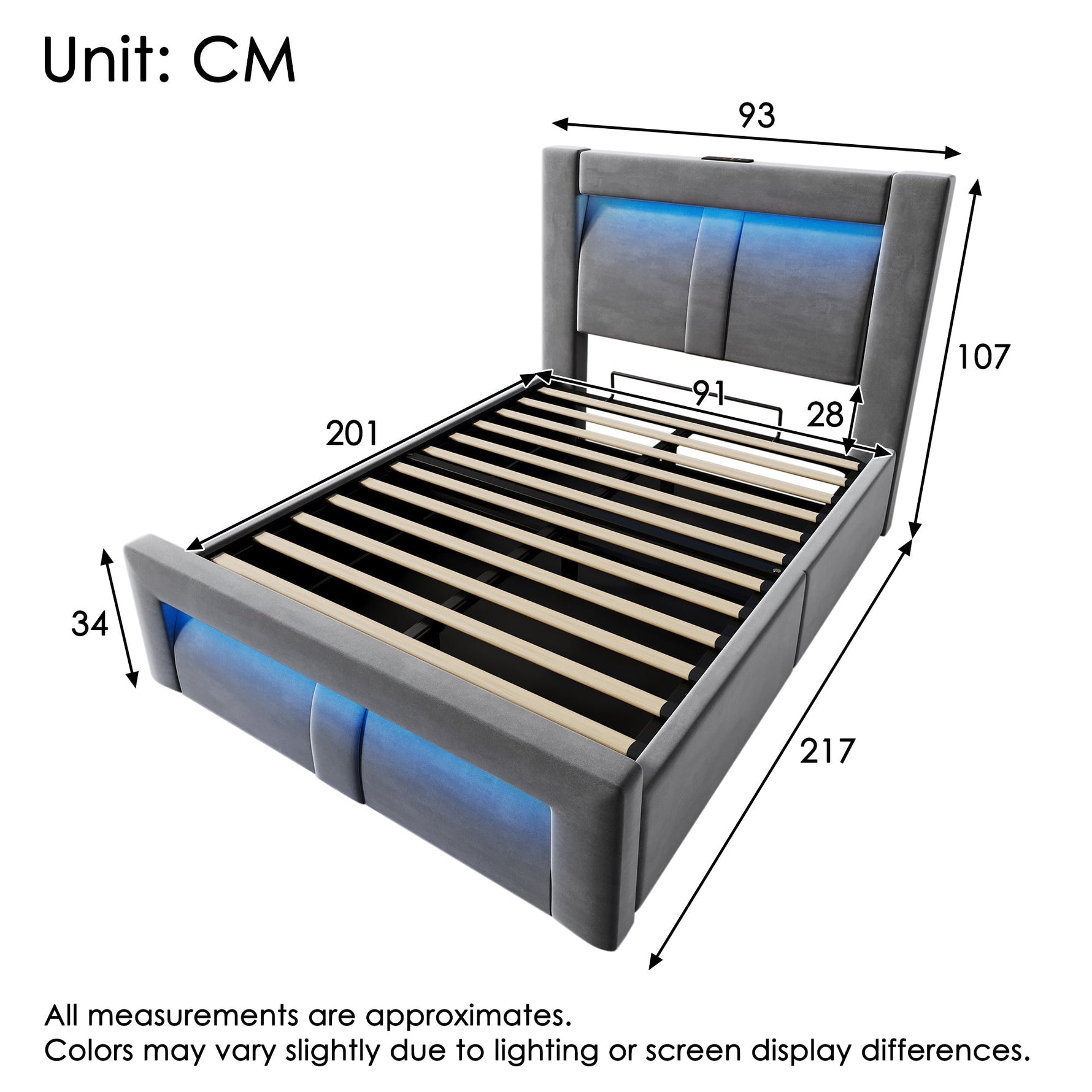 Single Bed 90x200cm Hydraulic Storage LED App USB/Type-C Velvet Grey