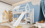 Bunk Bed, House Bed with Stairs, Slide, Storage, Safety Gate & Drawer, Pine/MDF, White