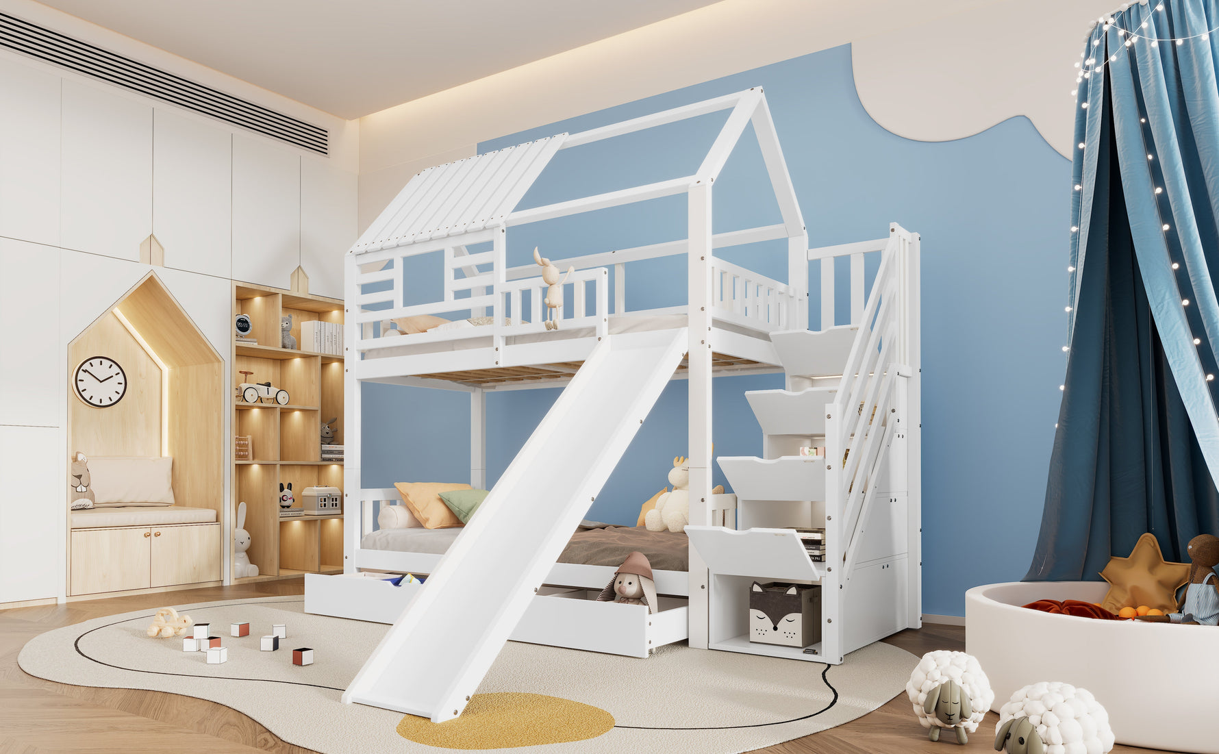 Bunk Bed, House Bed with Stairs, Slide, Storage, Safety Gate & Drawer, Pine/MDF, White