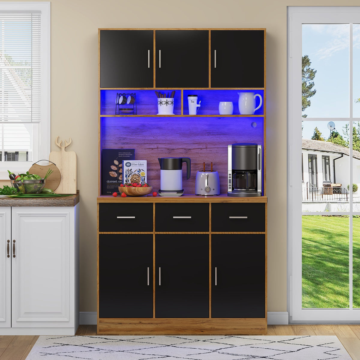 Multifunctional Buffet, 100x40x180cm with LED & App Control, Natural-colored/Black PB, MDF