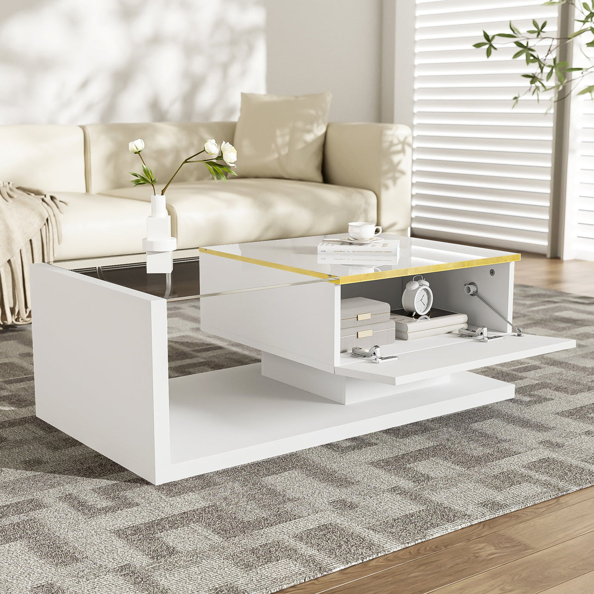 Coffee Table 90cm, High-Gloss White with Glass & LED Effect