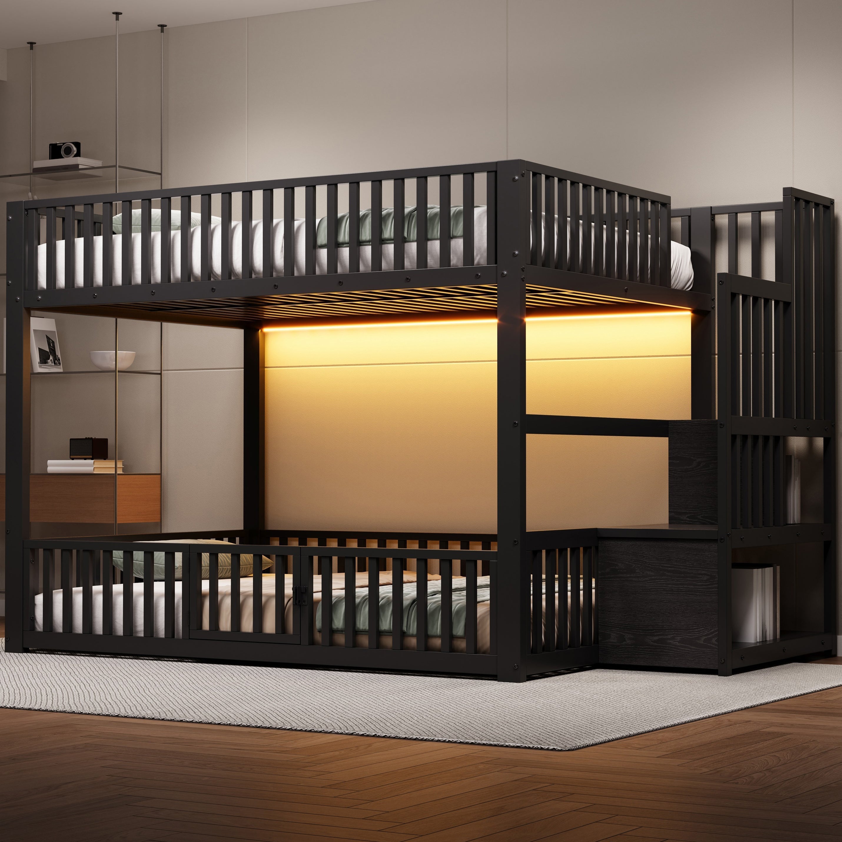 Bunk Bed with Storage Ladder and LED, 140x200cm, Black Metal + MDF