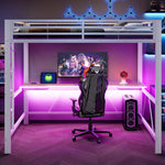 Gaming Metal Loft Bed Frame with LED Lighting, USB Charging Station and Desk, White