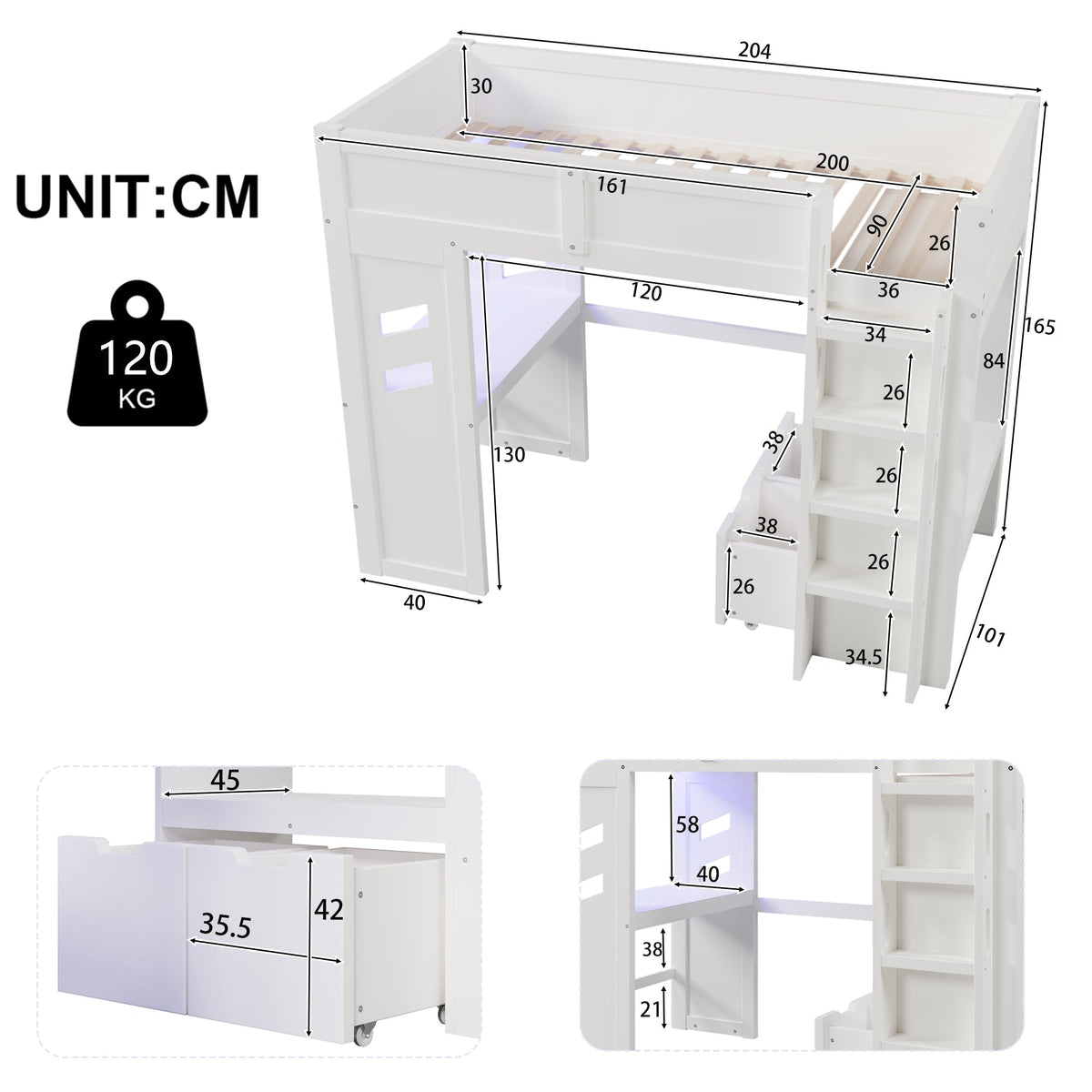 Loft Bed 90x200cm Gaming Bed Desk LED USB/Type-C Drawer Clothes Rack White