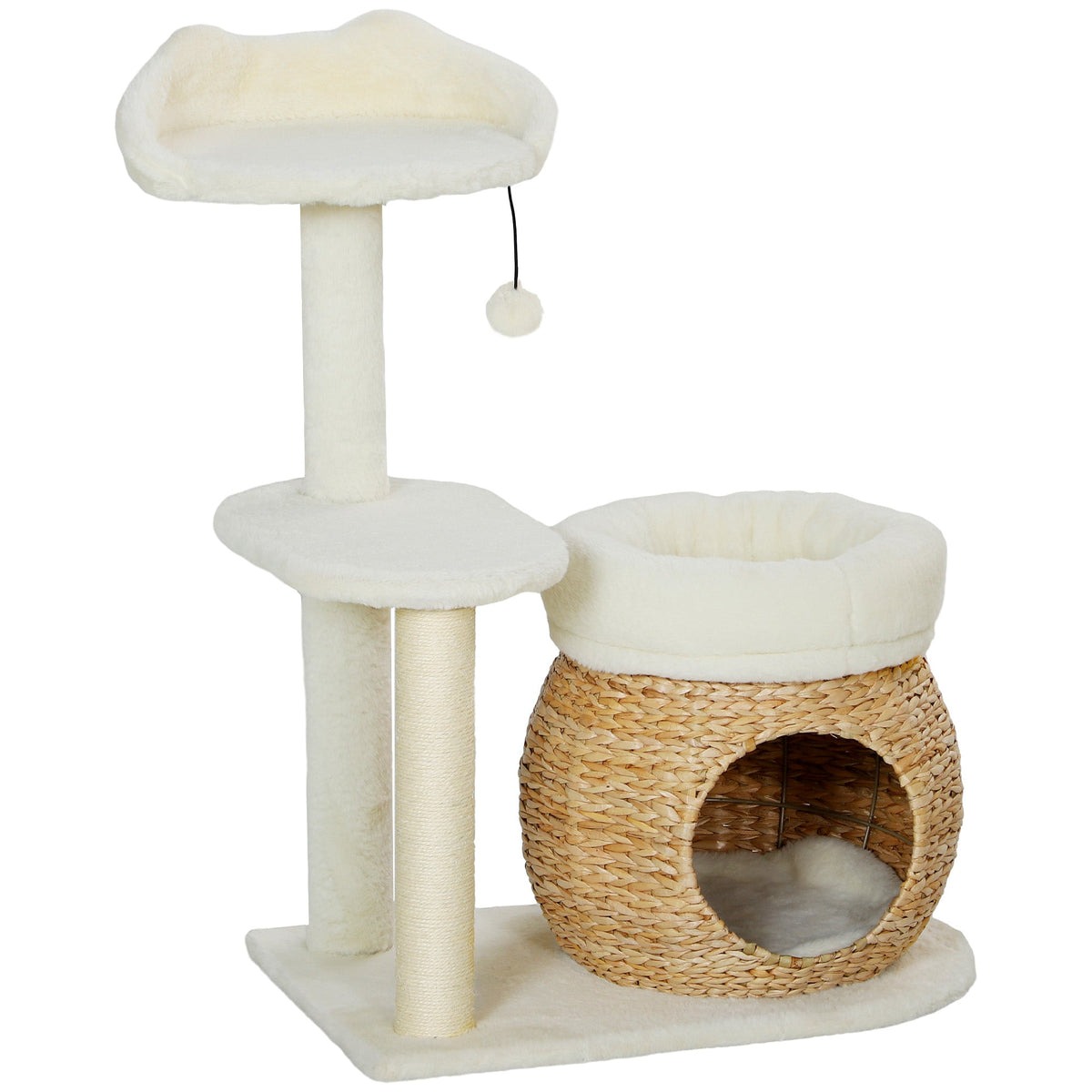 Cat Tree 79 cm, Cat Cave, Bed, Play Balls, Sisal, Cream White