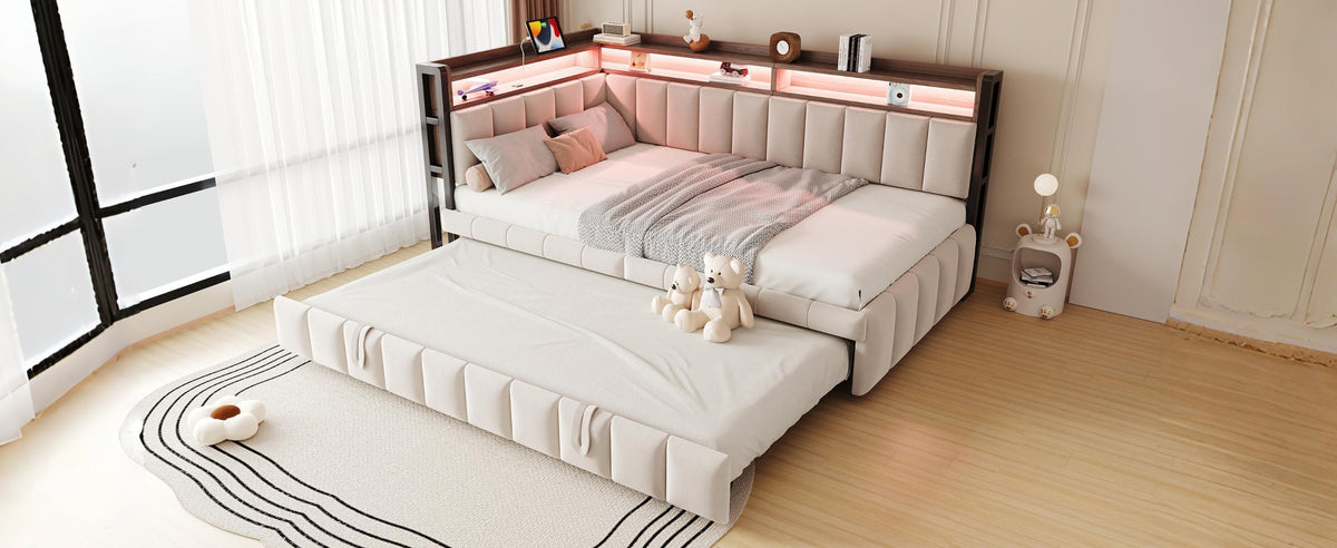 Upholstered Sofa Bed 90x200cm Pull-Out LED Storage USB/Type-C Beige Velvet