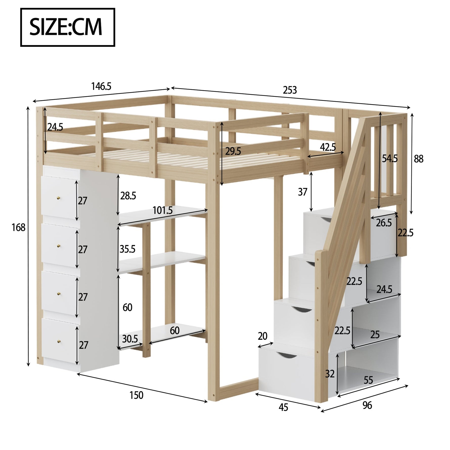 Loft Bed 140x200cm with Storage Drawers, Shelves, & Ladder, Solid Wood