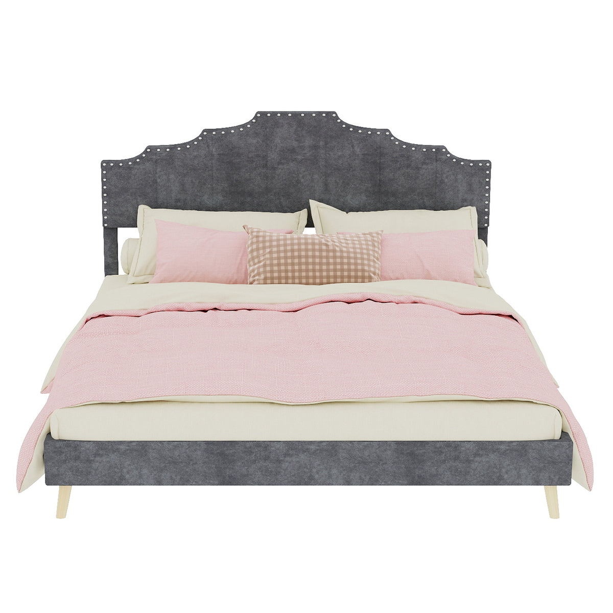 Modern Minimalist Soft Bed 160x200cm with Mattress, Gray