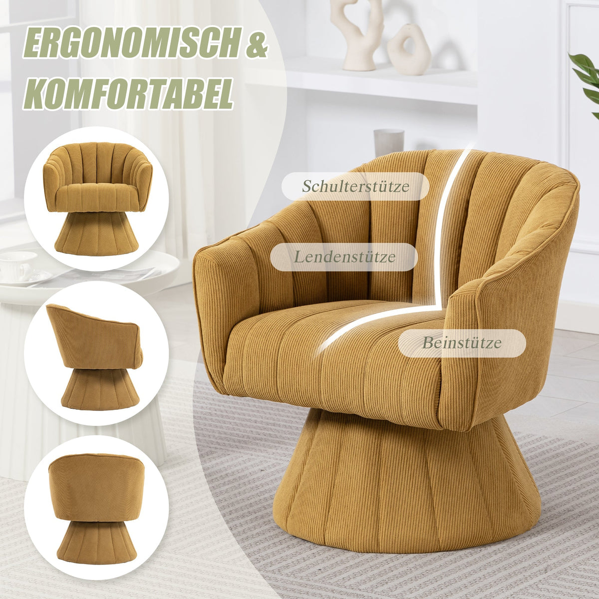 360° Swivel Chair with Ergonomic Cushions and Wraparound Armrests, Mustard Yellow