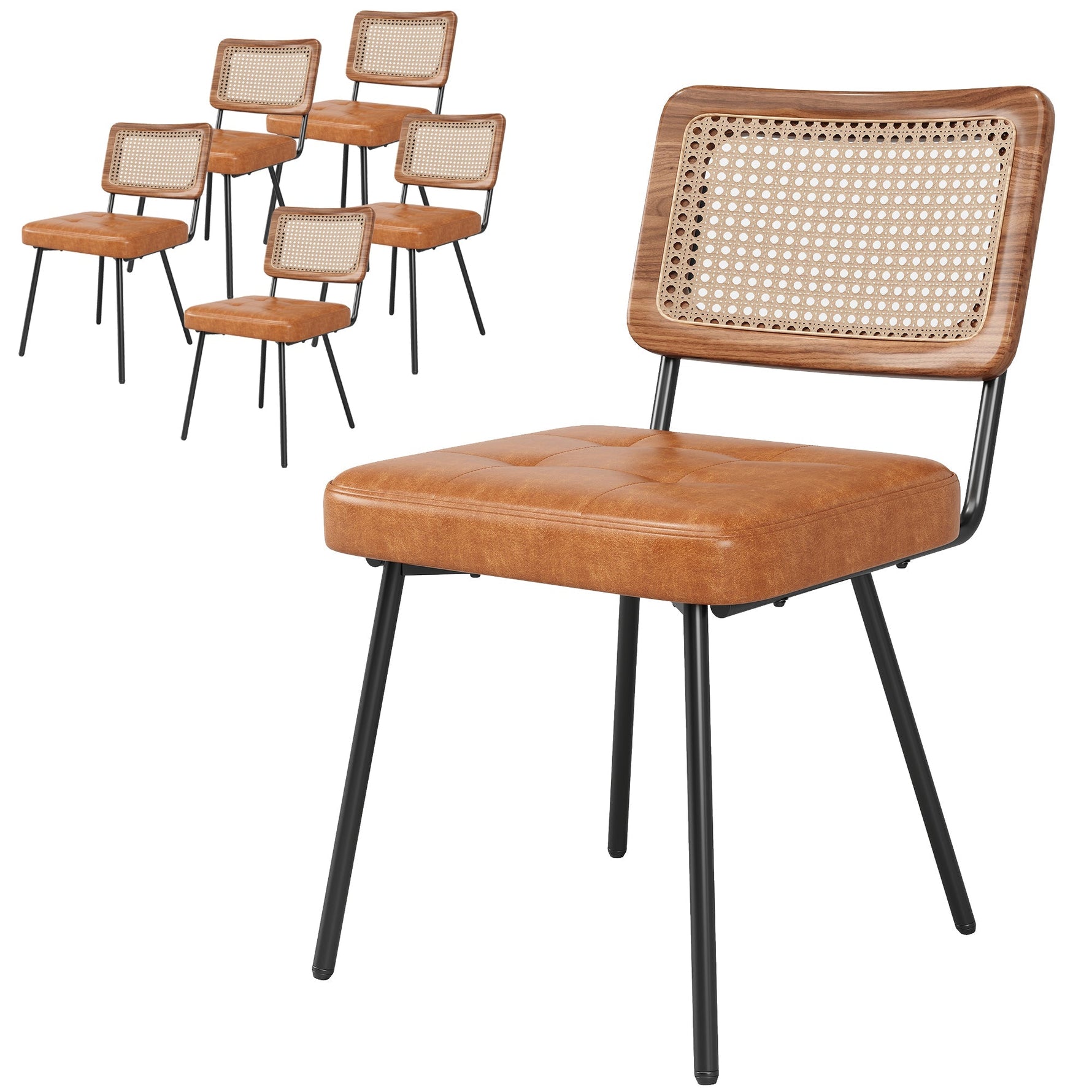 Ergonomic Rattan Dining Chairs with Vanity and Lounge Function, Set of 6, Faux Leather