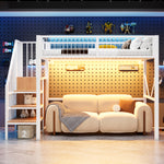 Loft Bed 90x200 cm with Ladder, Storage & LED Light, White Metal