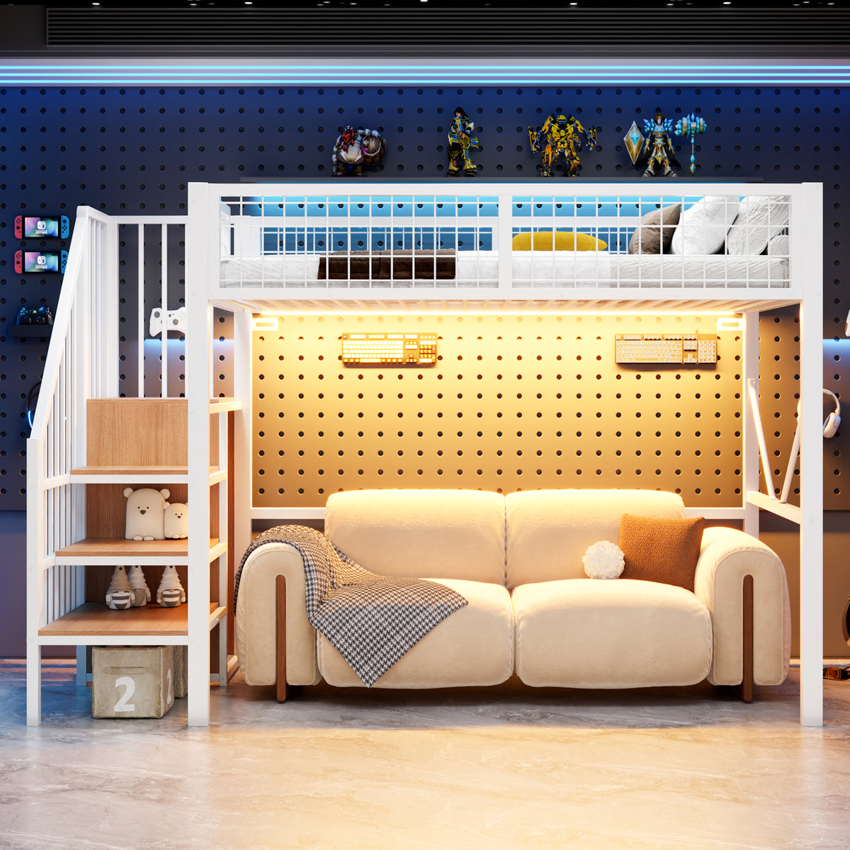 Loft Bed 90x200 cm with Ladder, Storage & LED Light, White Metal