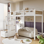 Wooden Mid-Sleeper Bed 90x200cm with Desk & Drawers, White & Natural