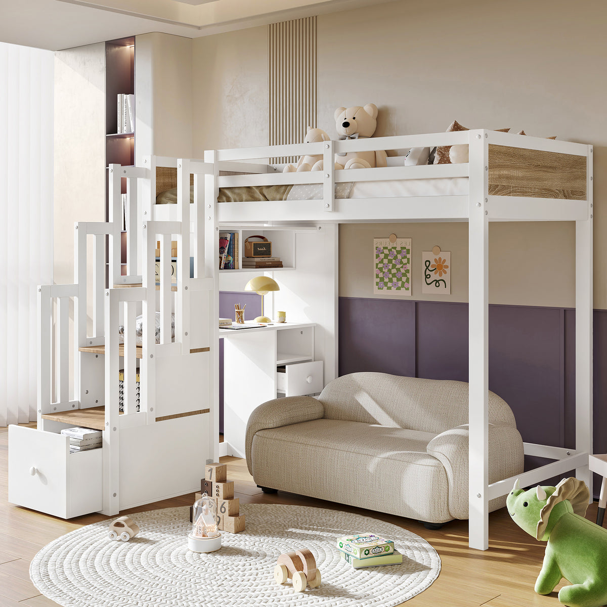 Wooden Mid-Sleeper Bed 90x200cm with Desk & Drawers, White & Natural