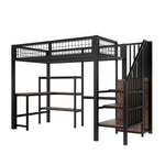 Loft Bed 90*200cm with Desk, Wardrobe and Storage Shelves, Black Iron and MDF