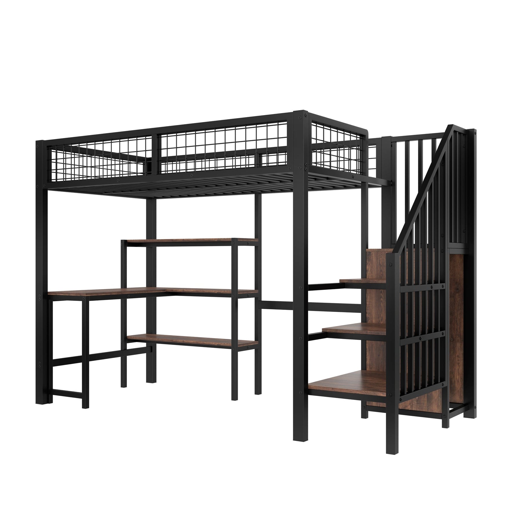 Loft Bed 90*200cm with Desk, Wardrobe and Storage Shelves, Black Iron and MDF