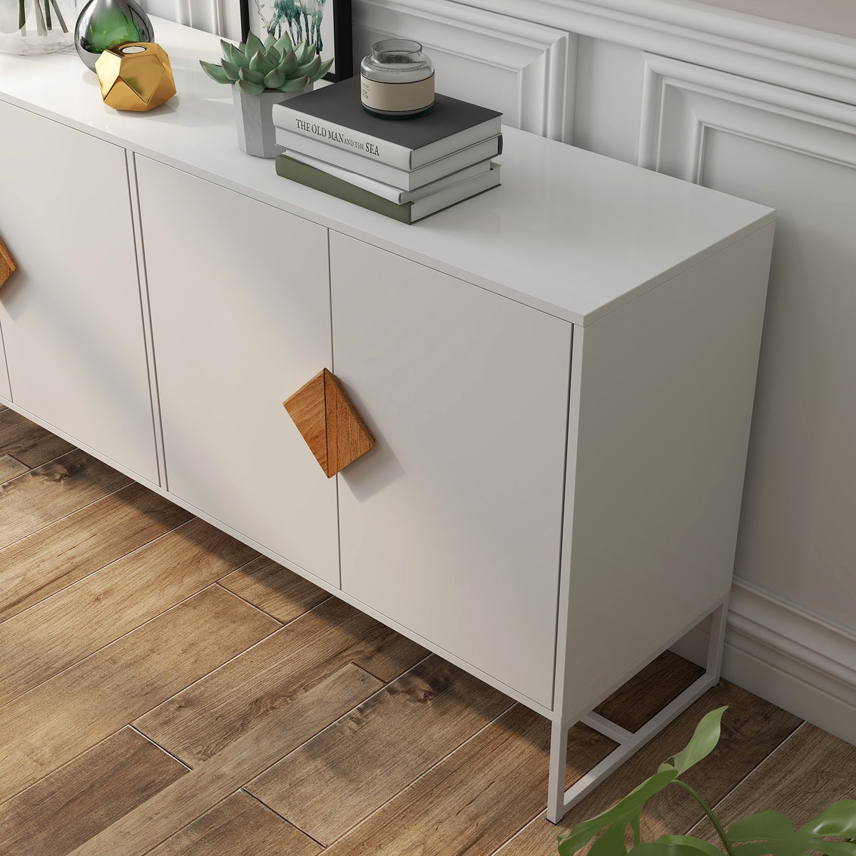 Sideboard, 4 Doors Double Storage Square Handle Design, Solid Wood