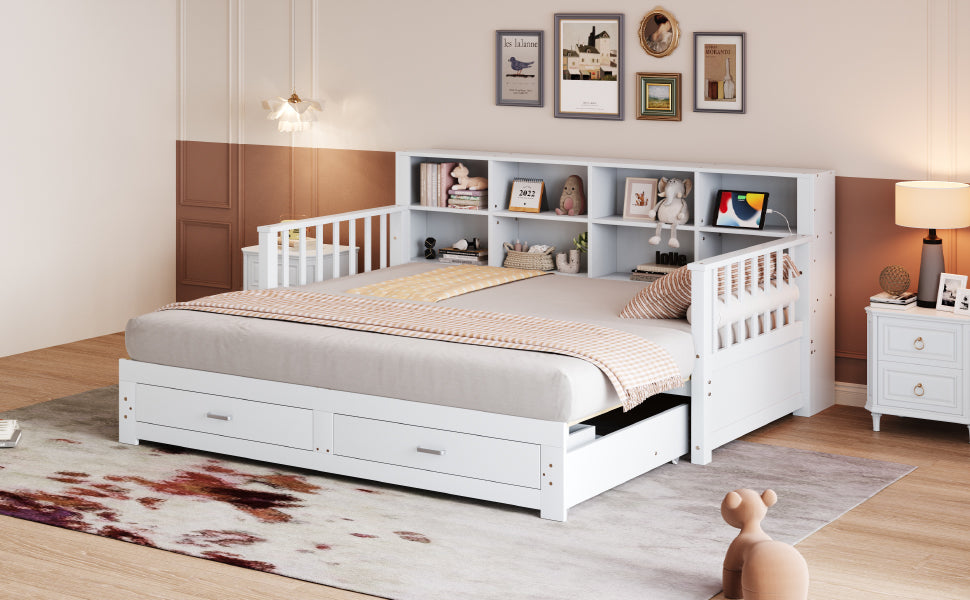 Sofa Bed, Pull-Out Solid Wood with Storage, Drawers & Slatted Frame, White