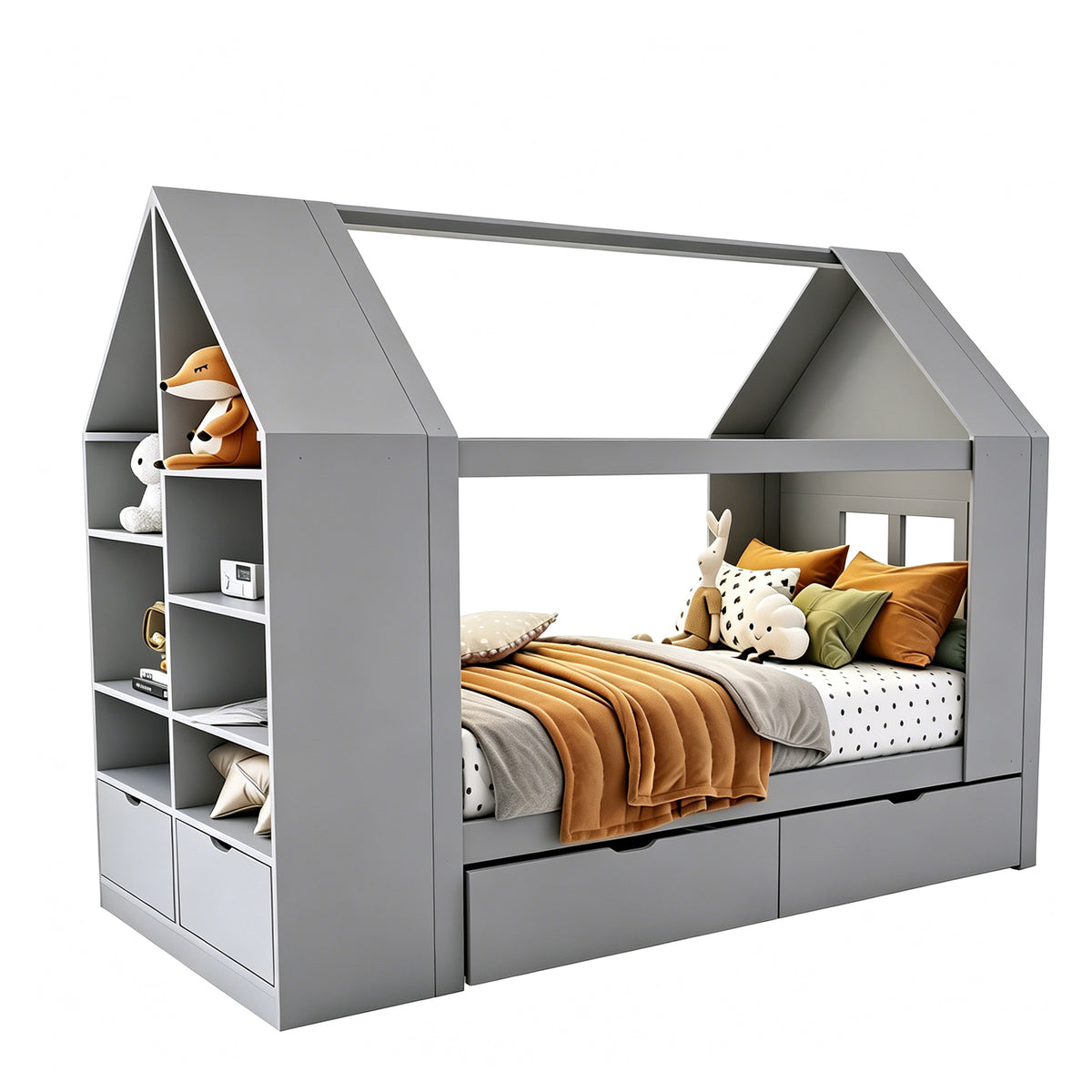 Children's House Bed 90x200cm with Storage Drawers & LED, Grey