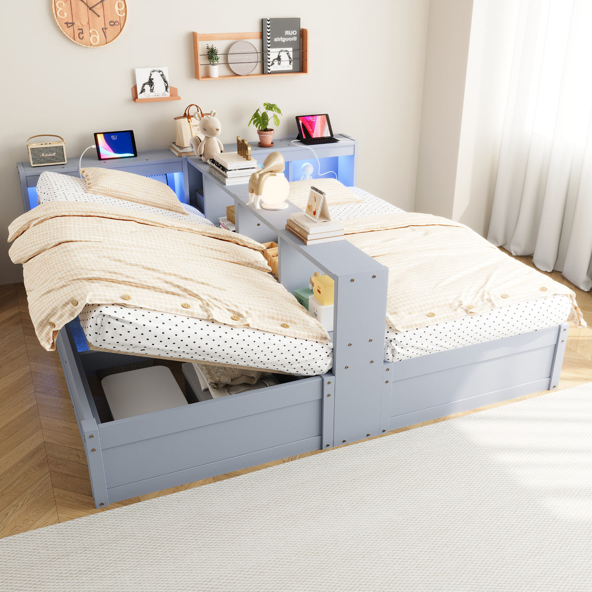 Sofa Bed 90/180x200cm with Hydraulic Storage & LED, Grey Wood
