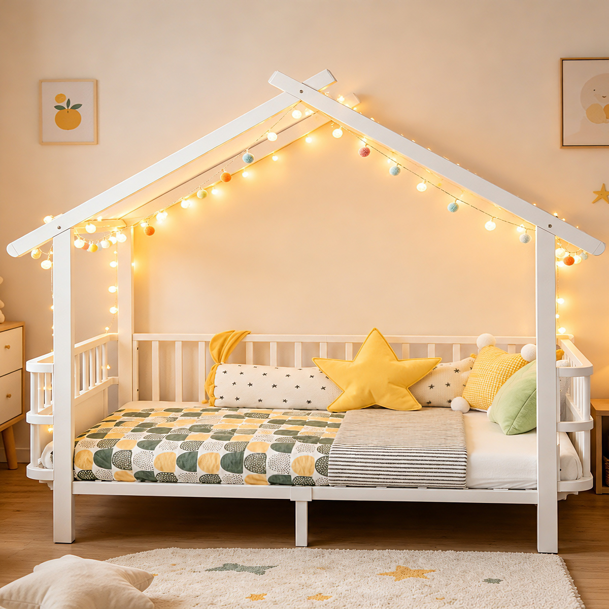 Children's House Bed 90x200cm with Safety Rail, White Metal