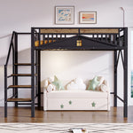 Metal Loft Bed, 140x200cm, Window Design, Safety Ladder, Storage, Black