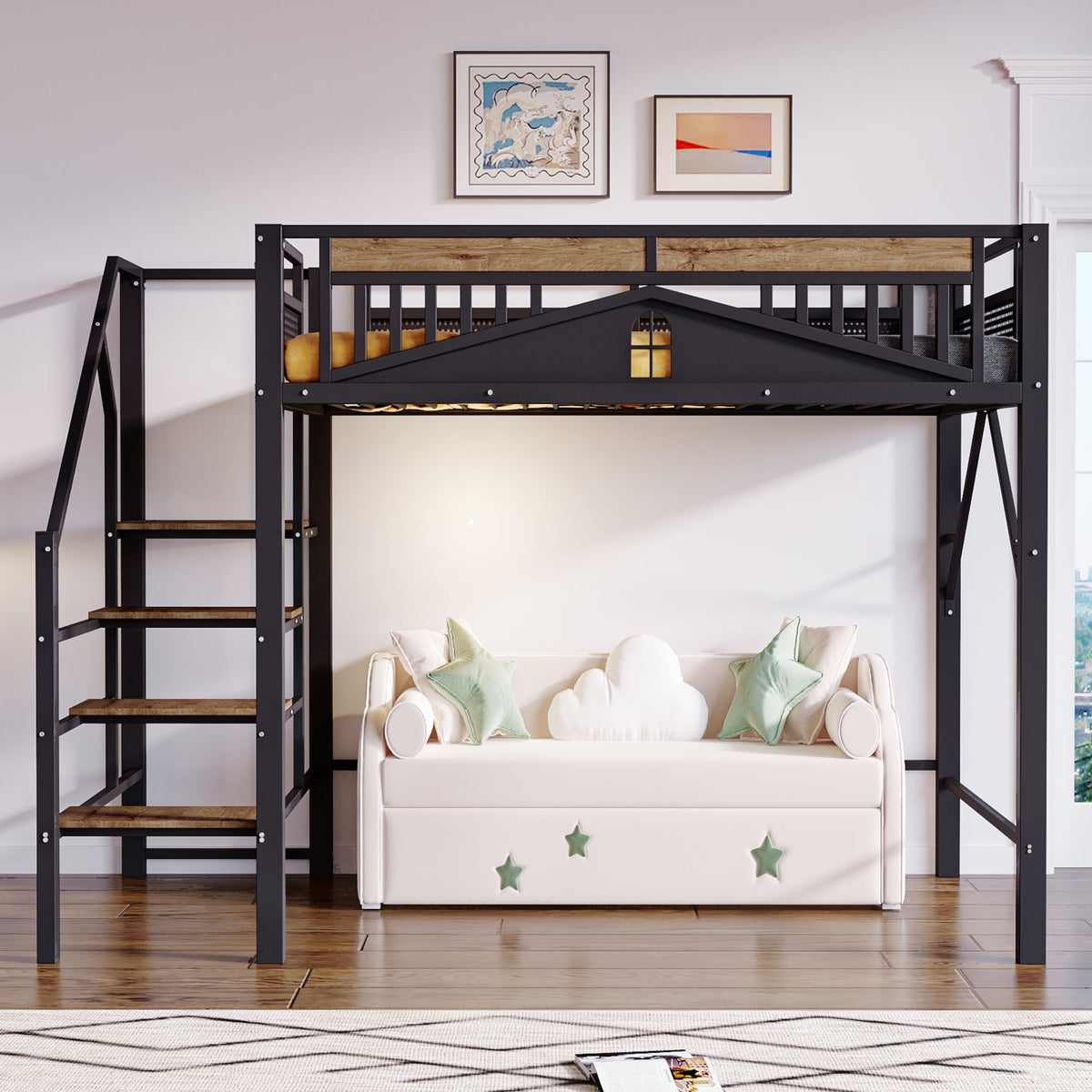 Metal Loft Bed, 140x200cm, Window Design, Safety Ladder, Storage, Black