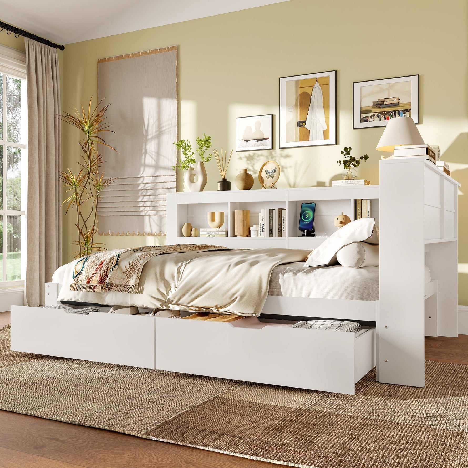 Daybed with 2 Drawers and USB Charging Ports, 140 x 200 cm, White Chipboard