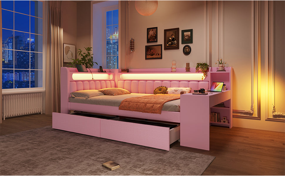 Upholstered Daybed 140x200 with Desk, USB & 2 Drawers, Pink