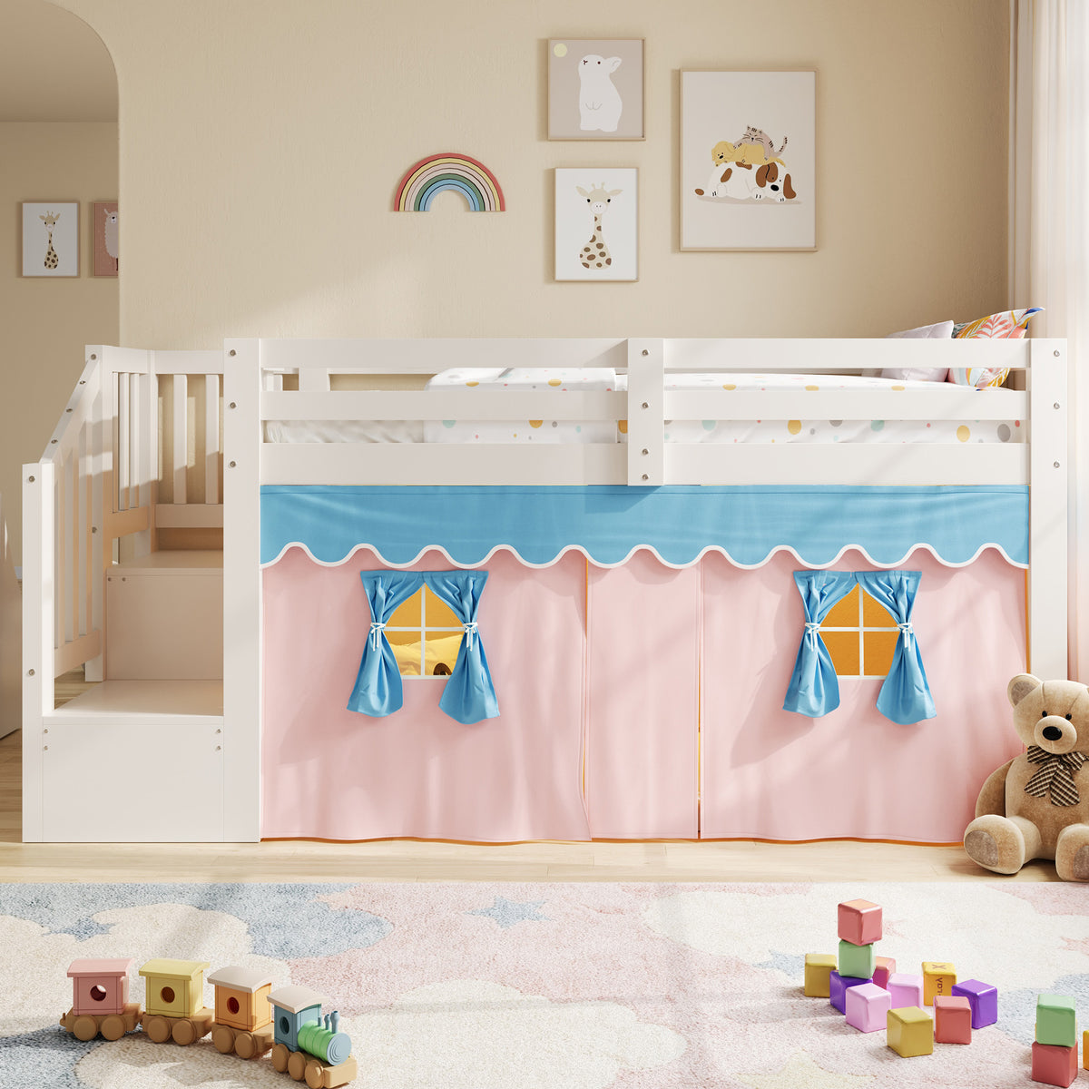 Mid-Height Bed 90x200cm with LED Light & Curtains, White Pine