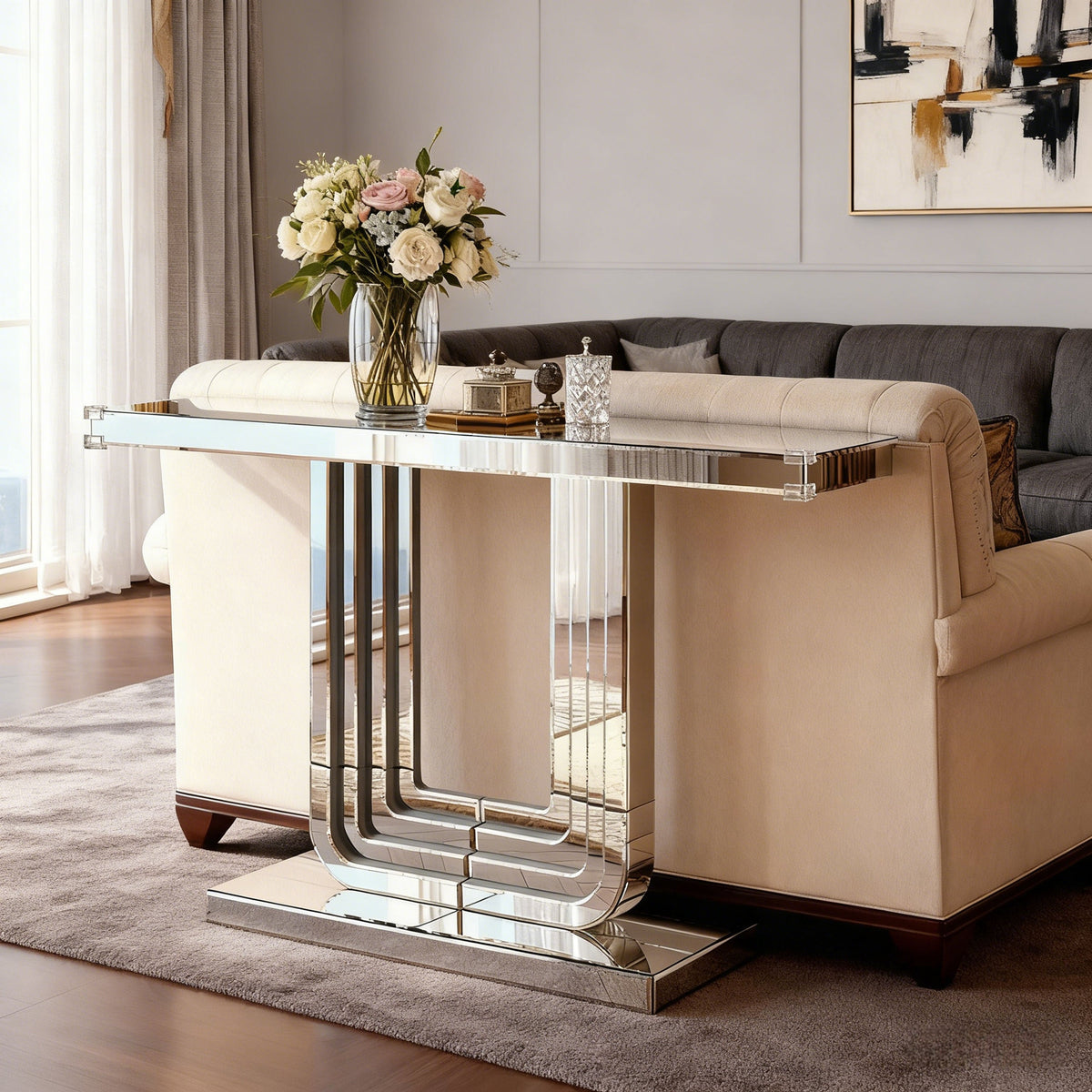 Mirrored Console Table 120cm Modern U-Shape - Silver