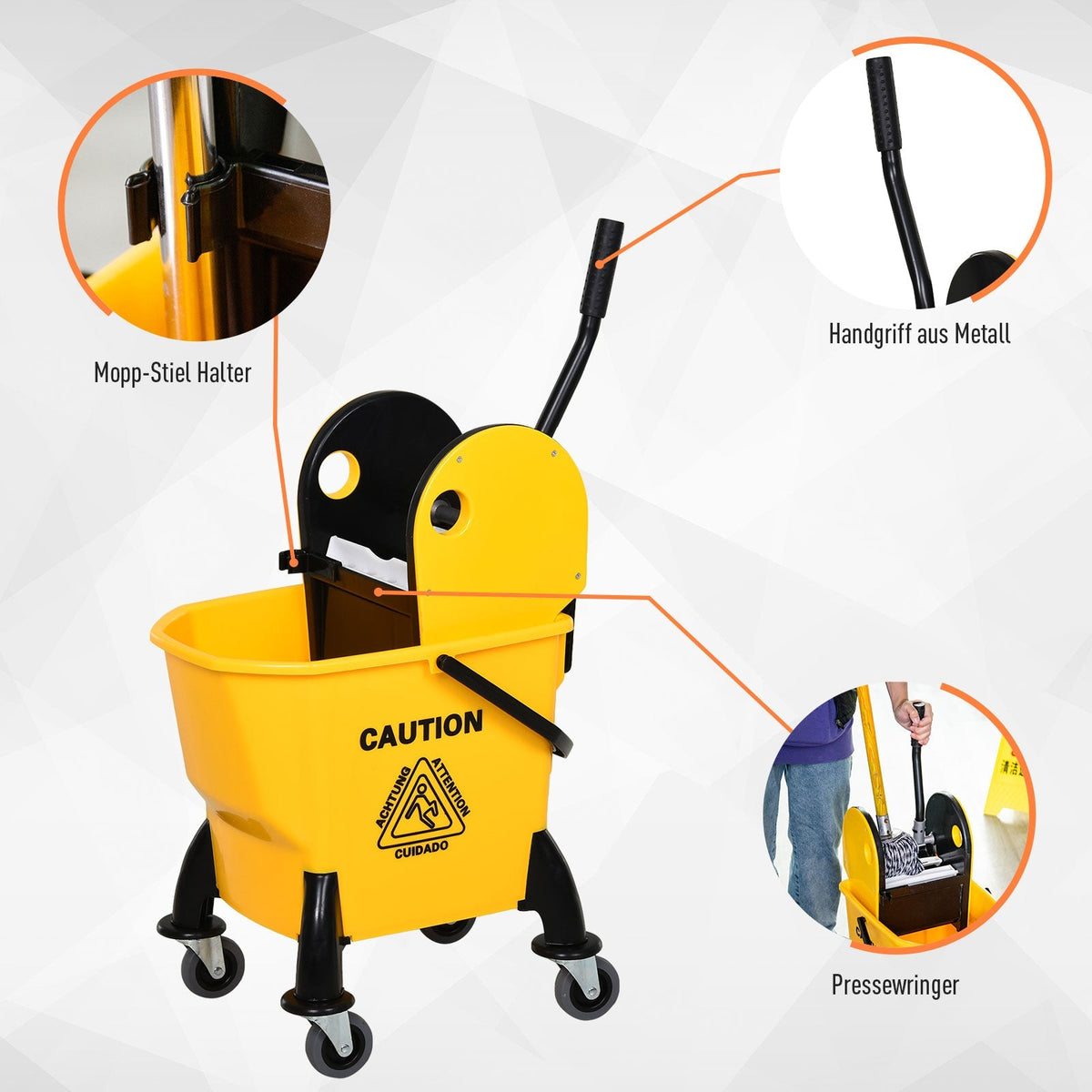 Cleaning Trolley with Bucket & Wringer, 26 Liters, Yellow