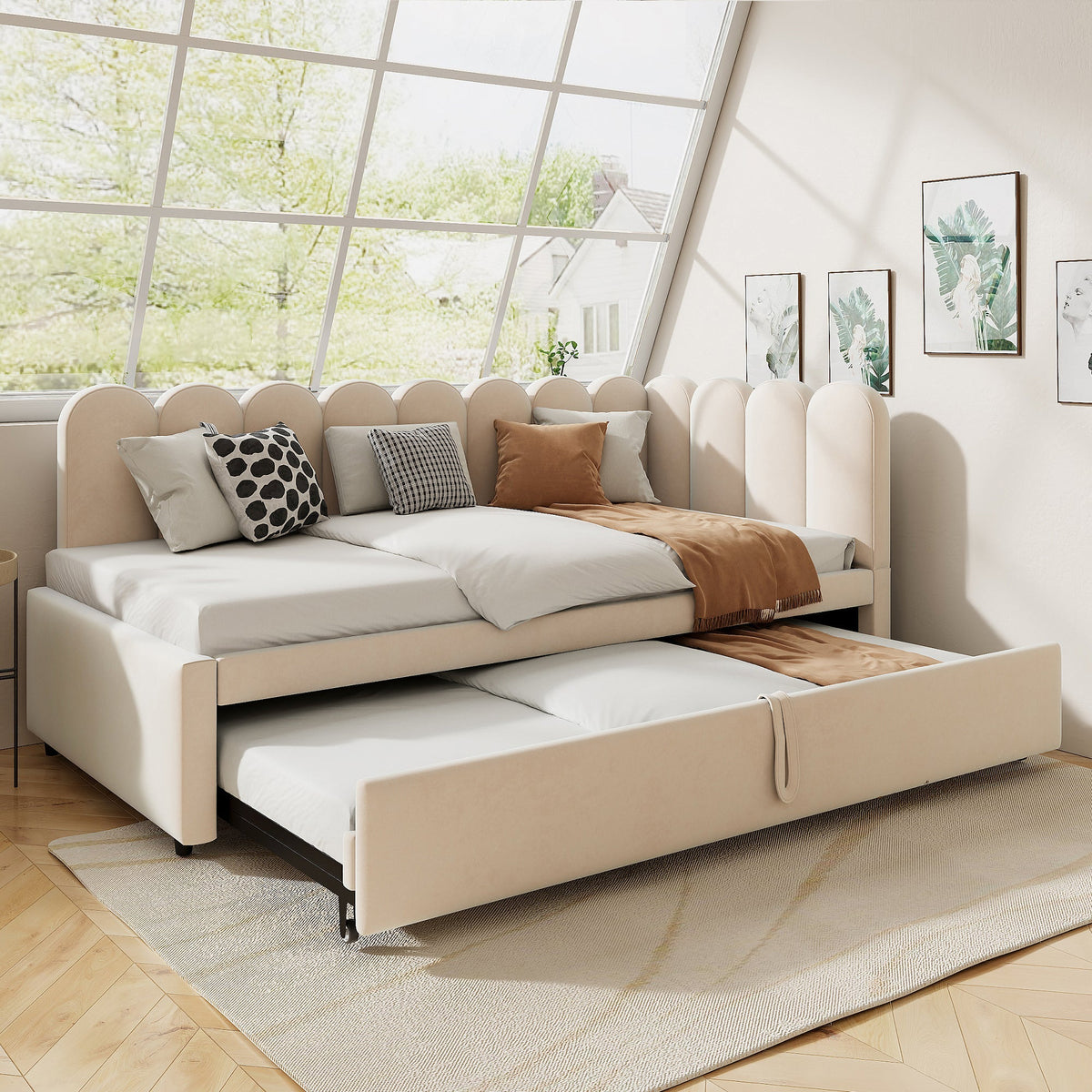 2-in-1 Sleeper Sofa L-Shaped Multifunctional Bed 90/180x200cm Velvet Beige